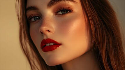 portret, kobieta, profesjonalna fotografia, makijaż artystyczny, aparatem Canon, brązowe proste włosy, realistyczne zdjęcie, fotografia studyjna, bliskie ujęcie, realistyczne detale, wyraz twarzy, pro