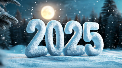 snowy numeral 2025 sign illuminated by moonlight in a winter landscape during a serene night