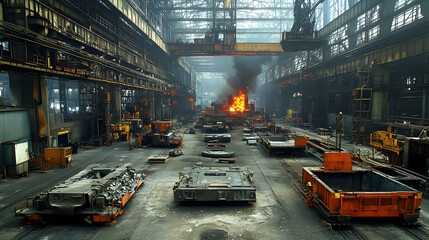 Naklejka premium Industrial Foundry: Molten Metal Pouring in a Large Steel Mill, Showing Intense Heat and Smoke, with Heavy Machinery and Equipment