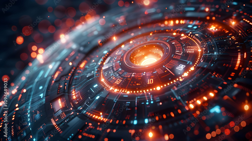 Poster abstract 3d render of futuristic circular tech interface glowing with orange and blue lights, detail