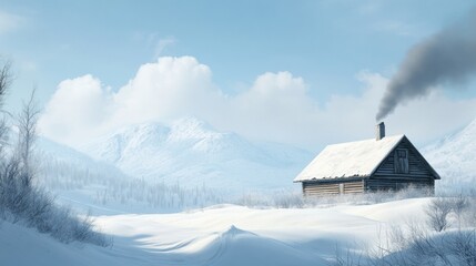 Fototapeta premium Cozy cabin nestled in a serene, snow-covered mountain landscape, AI