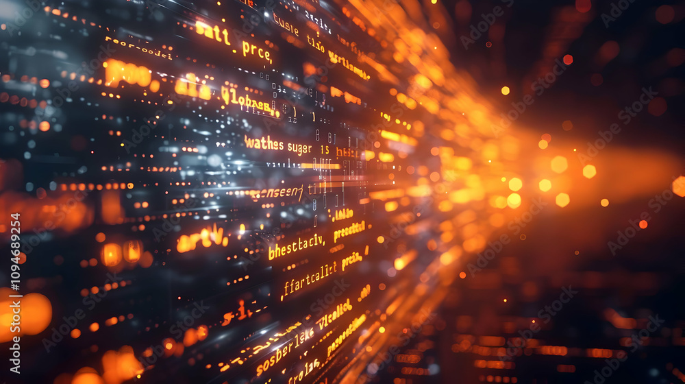 Poster abstract 3d digital data stream background with glowing orange and blue code, futuristic technology 