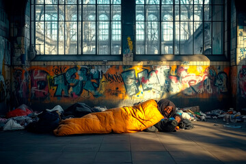 Homeless Man Sleeping Against a Vibrant Wall in an Urban Shelter