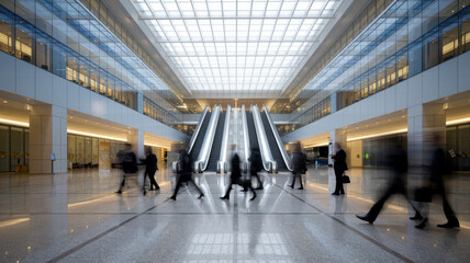 Fototapeta premium A bustling indoor atrium with blurred silhouettes of business professionals in suits, accented by sleek escalators and a modern glass ceiling.
