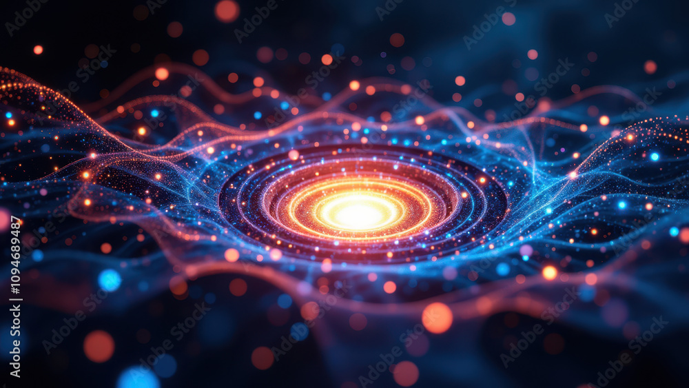 Poster abstract high-tech background with neon energy patterns and stars.