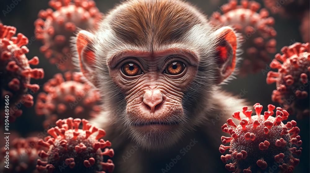 Poster close-up portrait of a monkey surrounded by abstract virus particles, a 3d rendered image with a dar