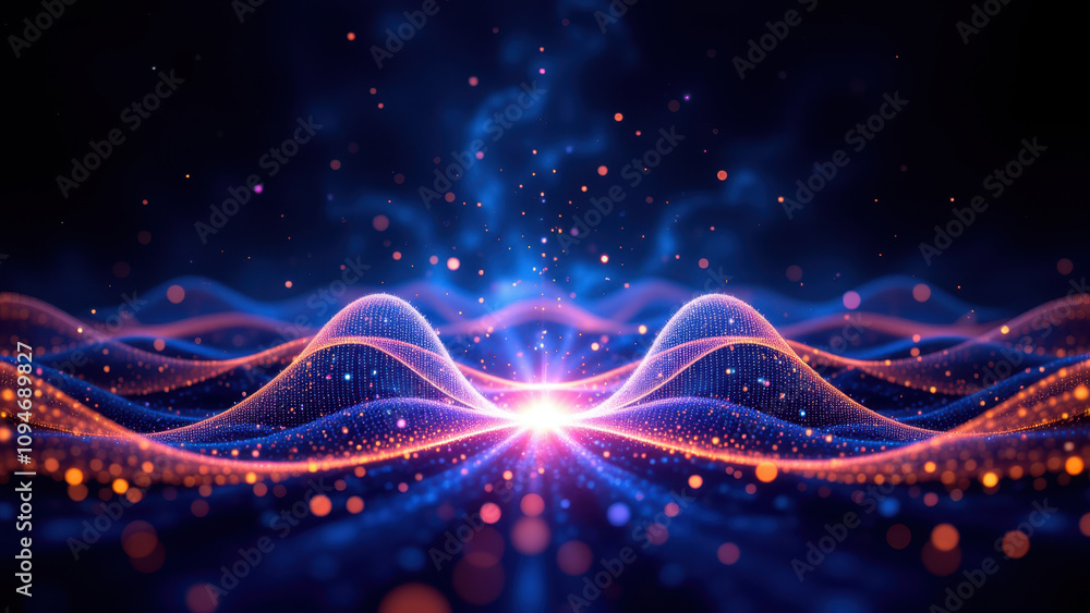 Poster abstract high-tech digital cosmic background with vibrant particles and wave patterns.
