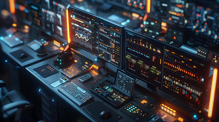 Fototapeta premium Futuristic 3D Render of a Control Room with Multiple Monitors Displaying Data Streams and Interfaces