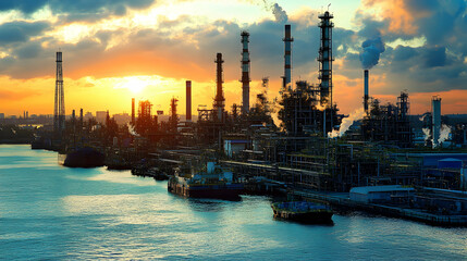 Naklejka premium A vast industrial complex with tall smokestacks stands silhouetted against a fiery sunset sky