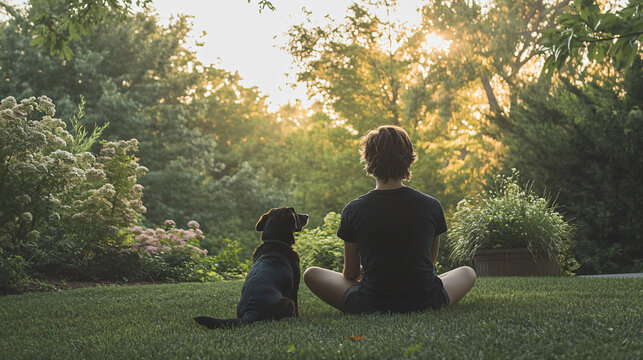 A person sitting on the grass with their dog, both looking content and peaceful, enjoying nature.