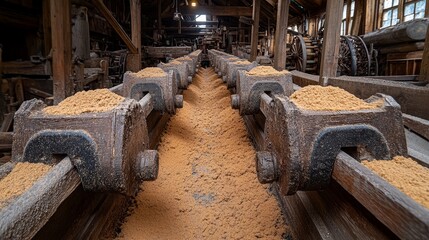 Fototapeta premium A Row of Wooden Boxes Filled with Sawdust in a Workshop