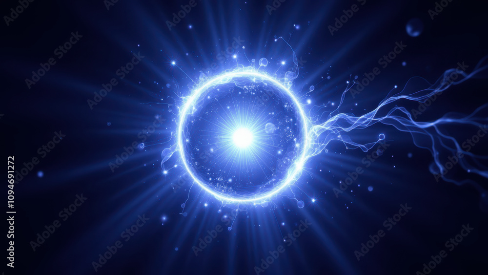 Poster abstract high-tech glowing orb against a dynamic blue background with streaks of light and cosmic en