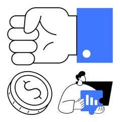 Fist gesture near dollar coin and person analyzing bar graph on laptop. Ideal for finance, economy, business analysis, investment, productivity, consulting, data visualization. Line metaphor