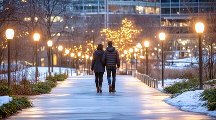 Obraz premium Couple walks hand in hand through a festive park adorned with twinkling lights on a chilly winter evening