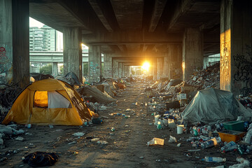 Homeless Camp Under Urban Bridge with Makeshift Tents and Debris