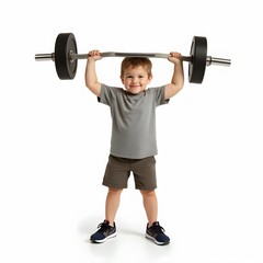 Happy Boy Lifting Barbell - Realistic Fitness Concept for Kids