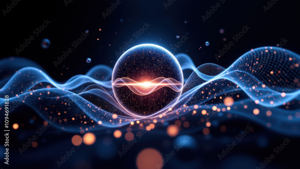 Poster abstract high-tech background with a glowing sphere and energetic waves.