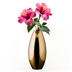 A luxurious gold-plated vase with a reflective surface, featuring a blooming hibiscus, on a transparent background.