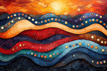 Dot paintings in earthy tones with wavy patterns formed by the lines.