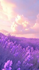 Fototapeta premium Lavender fields under a pastel sky create a serene and dreamy landscape, AI