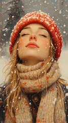 In this oil painting of primitive folk art, a young girl enjoys a winter night surrounded by warm earthy colors