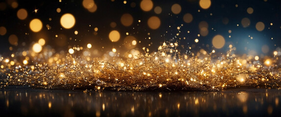 Naklejka premium Silver and gold magic festive glitter lights against dark black background with bokeh blur effect. Vibrant decorative holiday Black Friday shiny header wallpaper mockup. 
