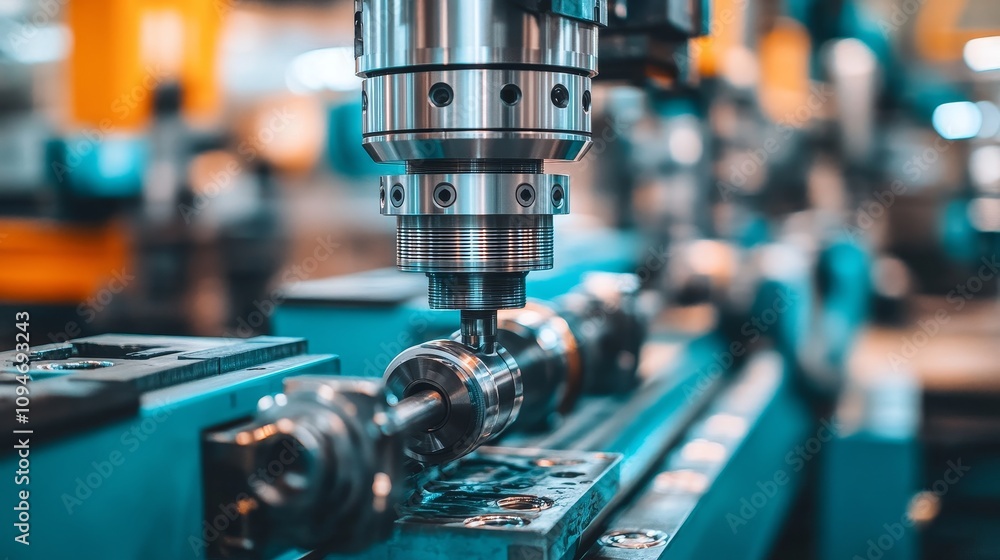 Poster close-up of a cnc machine drilling a metal part in a factory