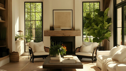 Fototapeta premium A cozy living room with a fireplace, featuring two white armchairs, a white couch, and a large leafy plant next to a large window, with sunlight streaming in and a coffee table with a stack of books.