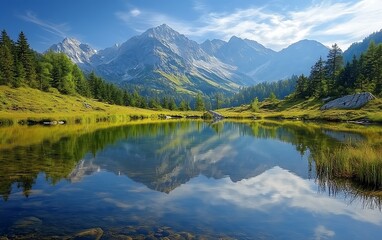 Serene mountain lake reflecting majestic peaks under a clear blue sky.