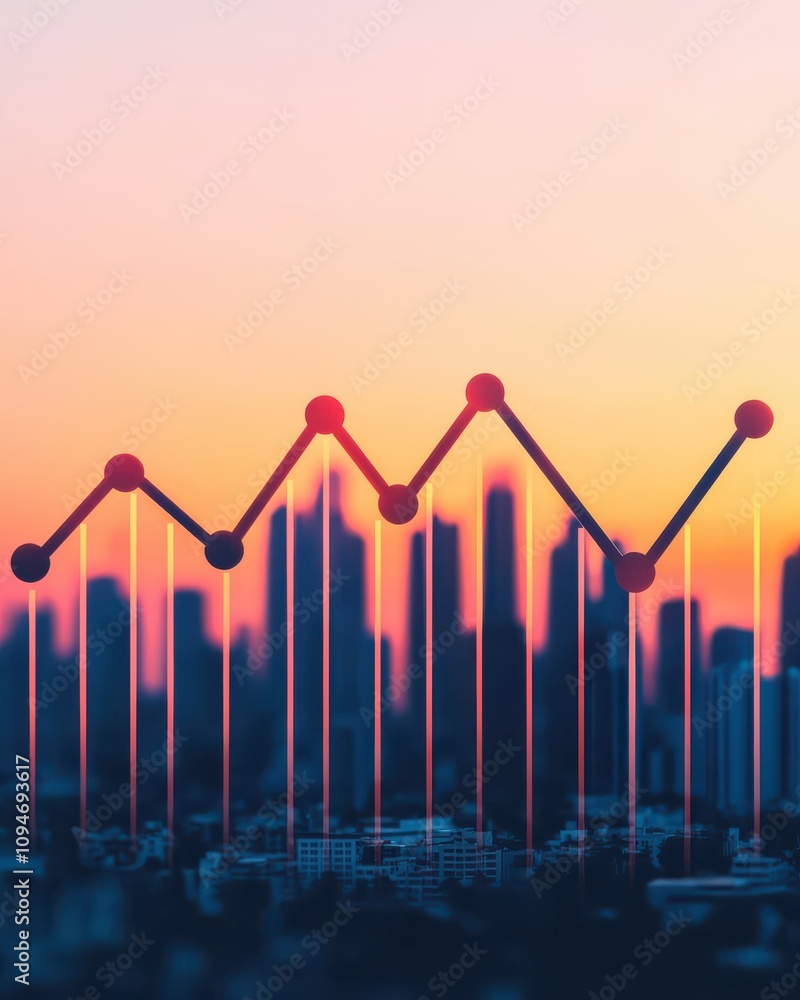 Poster a vibrant sunset backdrop with a city skyline and a dynamic graph overlay, symbolizing growth and an
