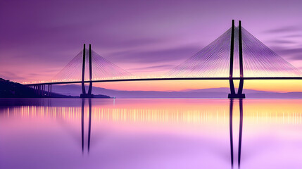 A Modern Suspension Bridge Stands Tall Against a Vibrant Purple and Orange Sunset Sky, Its Reflection Creating a Striking Symmetry on the Calm Water Below.