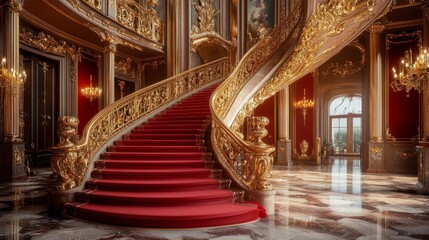 Luxurious red stairs with gleaming wooden railings, set in a richly adorned interior with golden details and marble floors