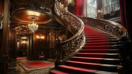 Majestic red staircase with a rich wooden handrail, set in an interior of velvet drapes, marble accents, and crystal chandeliers
