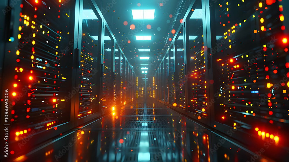 Poster cyberpunk-style 3d render of a server room, glowing with bright lights and reflecting on polished fl