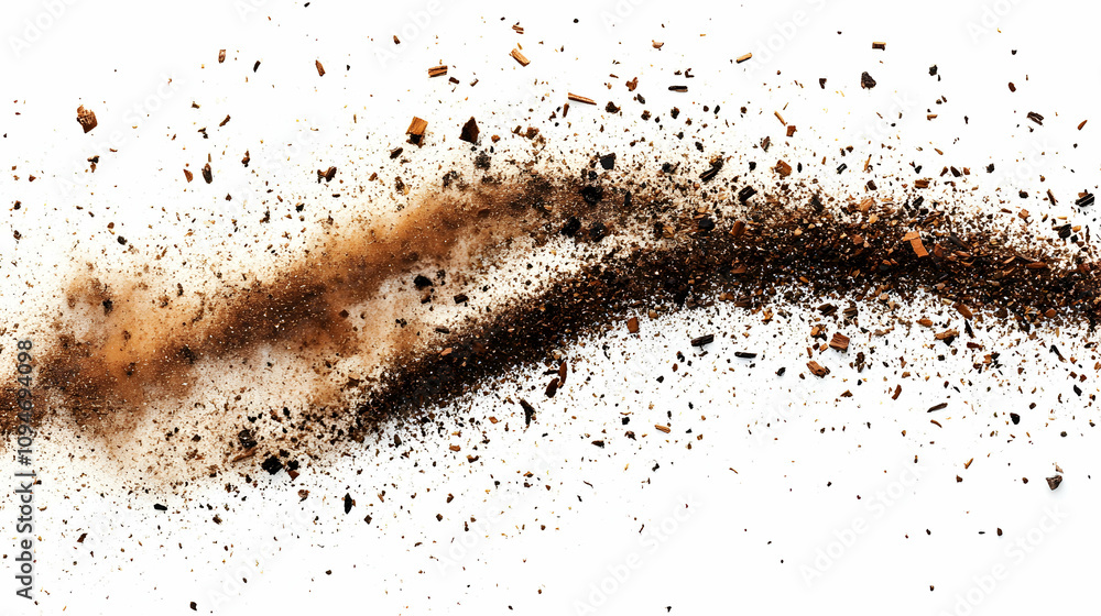 Poster a close-up view of brown powder and fragments scattered on a white background, creating a textural a