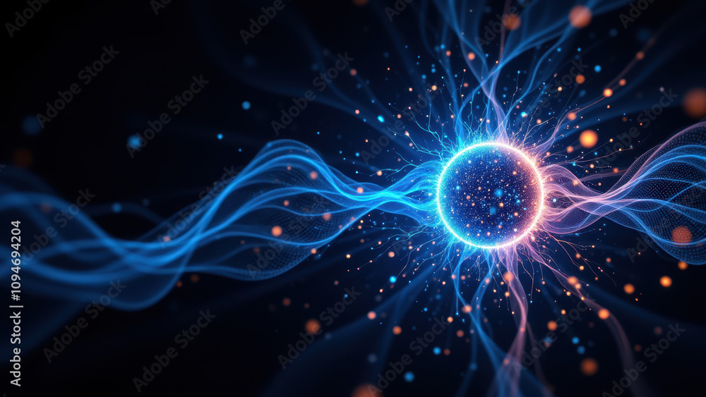 Poster abstract high-tech background with glowing orb at center.