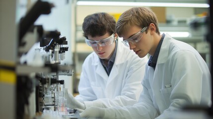 Obraz premium Nanotechnology for pollution cleanup, scientists using high-tech instruments