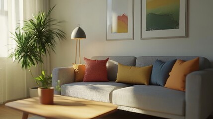 Minimalist living space with a grey couch, colorful pillows, a slim wooden coffee table, and a decorative plant pot beside a floor lamp.