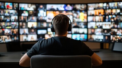 Man Monitoring Multiple Video Feeds on Large Screens