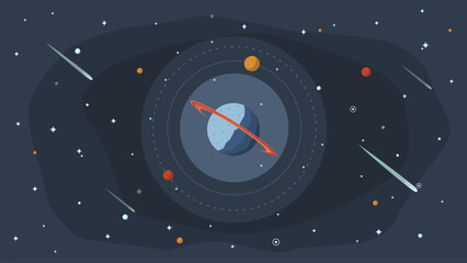 a planet with satellites is flying in outer space