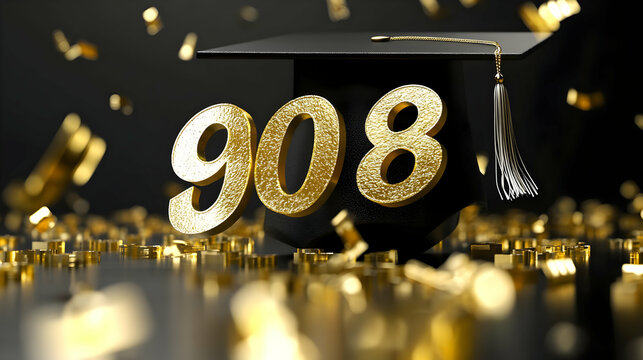 3D Rendered Golden Number 908 with Graduation Cap and Confetti, Symbolic of Celebration and Achievement