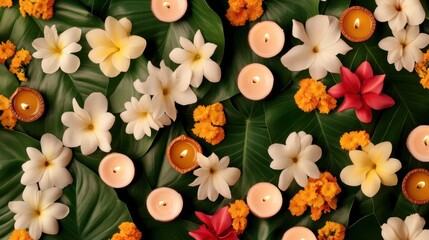 Tranquil Spa Scene,  Candles and Plumeria Blossoms on Lush Green Leaves