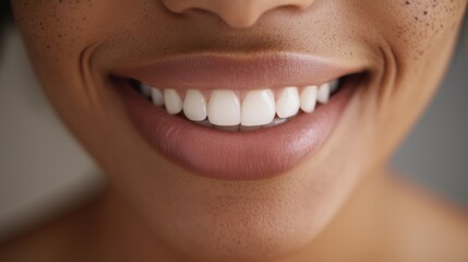 A photorealistic close-up of a smiling woman emphasizing her radiant white teeth, smooth lips, and natural beauty, exuding confidence, joy, and a warm, engaging expression.