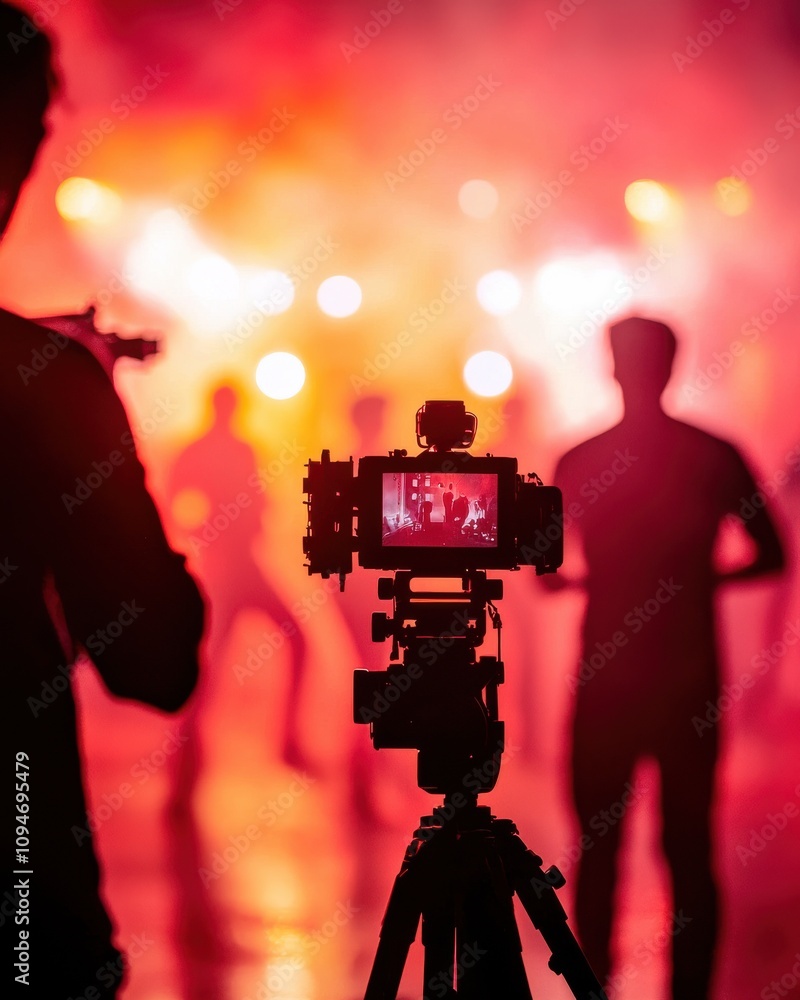 Poster a camera is positioned in front of illuminated dancers, creating a vibrant atmosphere filled with co