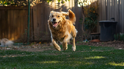 A person smiling while their dog excitedly runs around the yard, sharing a moment of playful energy and connection.