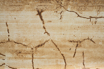 A wall with cracks and holes in it. The wall is brown and has a rough texture. The cracks and holes give the wall a worn and aged appearance