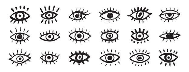 Grunge eyes hand drawn doodle icon set. Open black eyes with bold line. Monochrome eye element