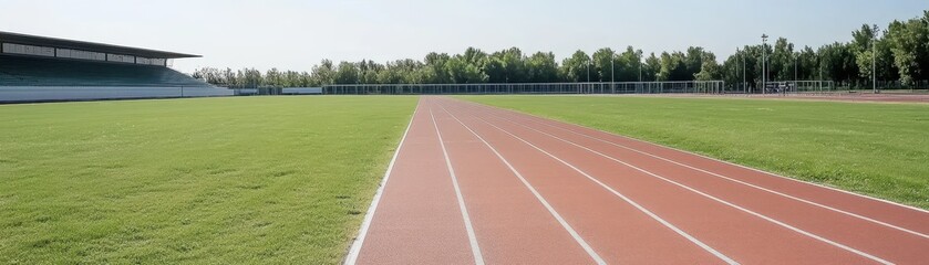 A wide-angle view of a well-maintained running track on a sunny day, bordered by green grass and trees, with a stadium in the background.