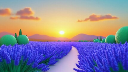 Endless Lavender Field Under Golden Evening Sky