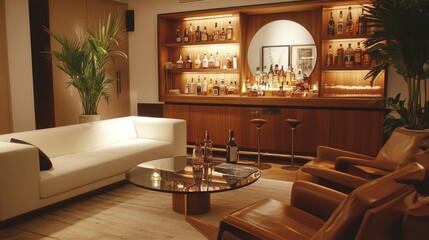 Stylish living space featuring a shelf cabinet with figurines, a bar mirror, and bottles, paired with a sleek glass table and modern seating.